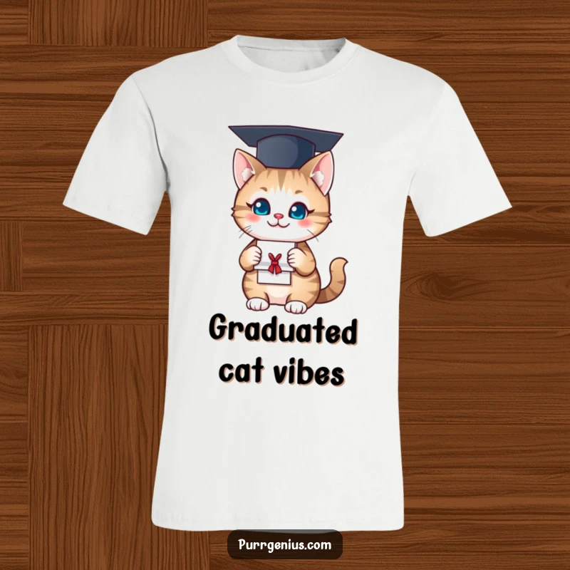 Funny T-Shirt: A smiling cat adorned with a graduation cap proudly displays a diploma, symbolizing smart achievements.