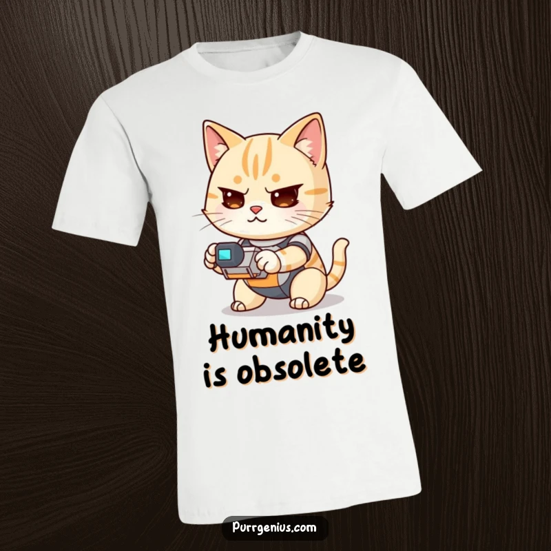 Funny Kawaii cat focused on operating a small robot, striking a determined pose on a t-shirt, great for cat lovers.