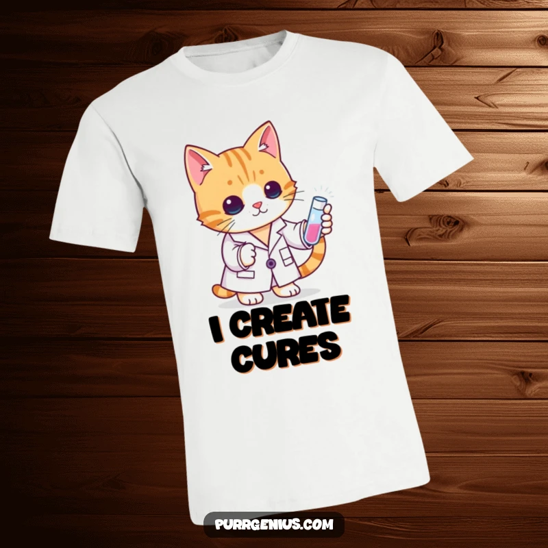 Funny cat wearing a lab coat intently studying a test tube, showcasing scientific humor on this t-shirt.