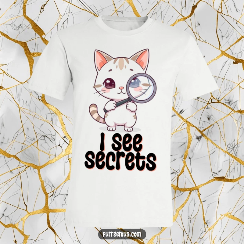 Funny Cat T-Shirt: A smart cat character holds a magnifying glass, inspecting something closely, embodying intelligence and a keen sense of observation.