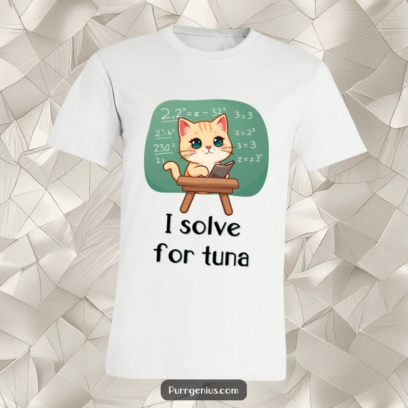 Funny t-shirt depicting a cat focused on a complex chalkboard equation, celebrating intelligence with a humorous touch.
