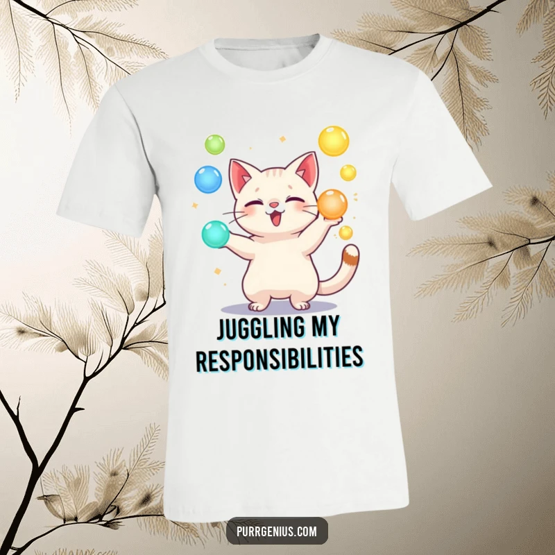 Funny t-shirt featuring a playful cat character juggling several glowing orbs, showcasing skill and magical fun.