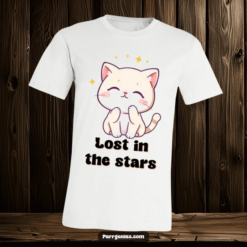 Funny Kawaii cat in a pensive pose gazing at a constellation, printed on a t-shirt for a humorous celestial theme.
