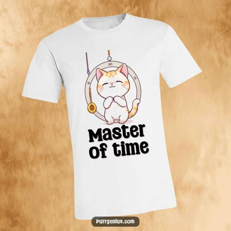 Funny cat eagerly batting at a swinging pendulum, measuring time with glee. This t-shirt is perfect for playful souls.