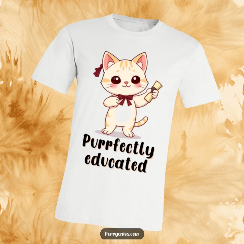 Funny t-shirt featuring a cute cat character striking a confident pose, diploma in paw, celebrating academic success.