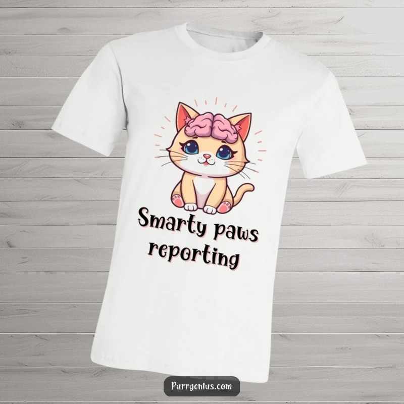 Funny Cat T-Shirt depicting a cat with a brightly glowing brain emitting rays of light, symbolizing exceptional funny intelligence.