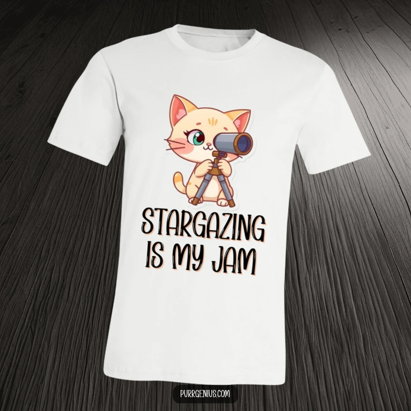Funny t-shirt with a curious cat character actively looking through a telescope, symbolizing exploration and wonder.