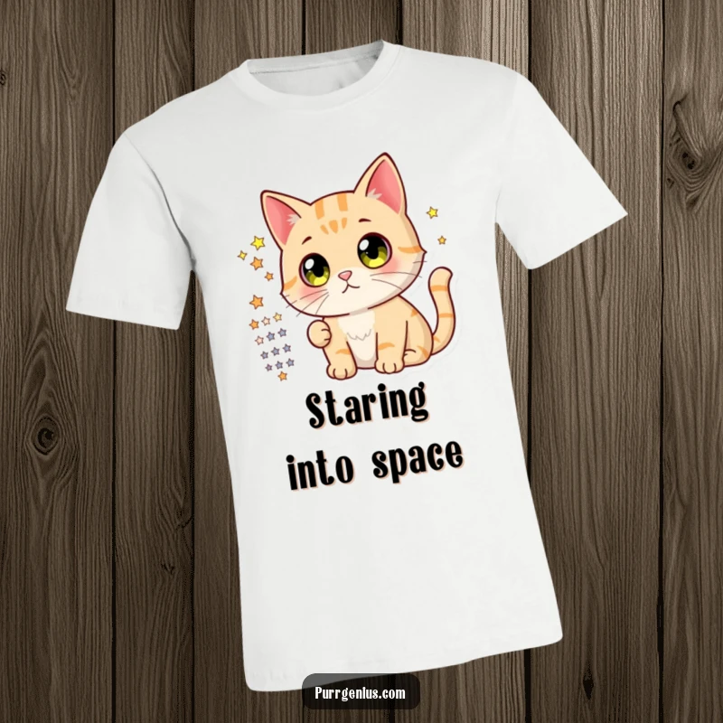 Funny t-shirt featuring a cute cat with huge, curious eyes gazing intently at a complex star chart, delighting space enthusiasts.