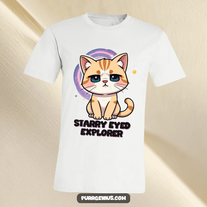 Funny cat with a concerned brow gazing into a colorful, swirling galaxy. This t-shirt is perfect for stargazers and deep thinkers.