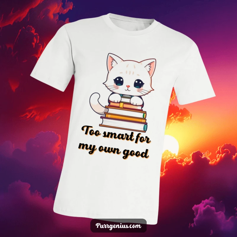 Funny t-shirt featuring a clever feline scholar engrossed in a stack of heavy books, symbolizing wisdom and wit.