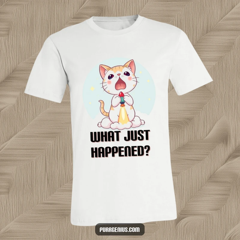 Funny t-shirt showing a cat comically startled by a tiny rocket blasting off, perfect apparel for expressing sudden surprise.
