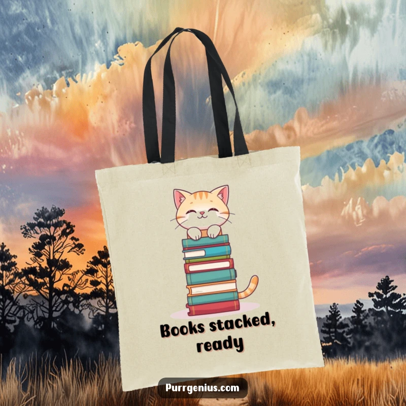 Funny Bookworm Cat Tote Bag: a cat balancing a stack of books on its head perfectly, ideal for carrying books and essentials, a unique funny gift.
