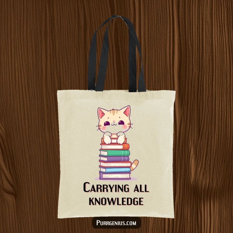 Funny tote bag showcasing a cat with exceptional balance holding a stack of books on its head, perfect for bookish errands.