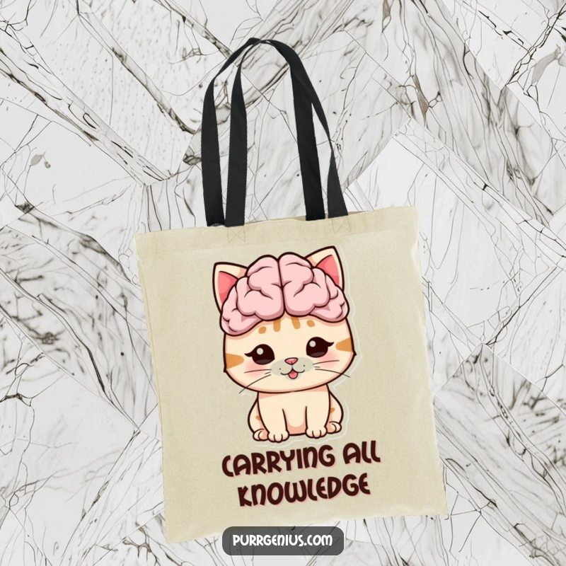 Funny cat sporting a massive brain symbol, perfect for carrying essentials with a humorous and intelligent flair.