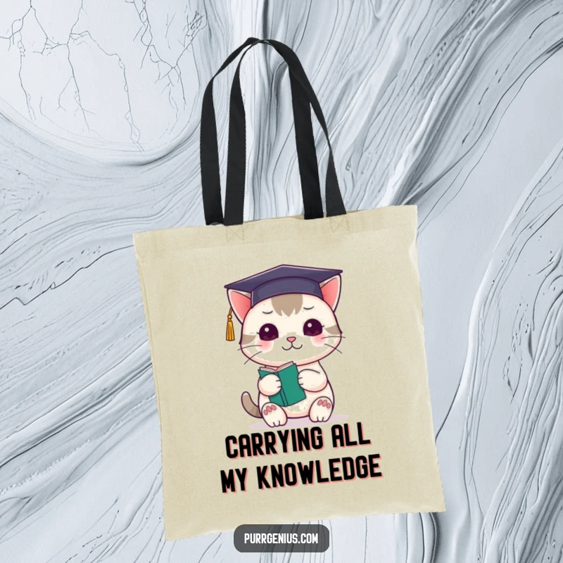 Funny kawaii cat wearing a graduation cap and holding a tiny book, designed on a durable tote bag.