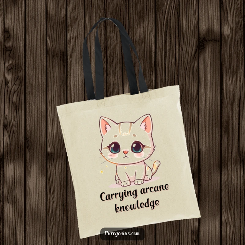 Funny tote bag featuring a cute cat character intrigued by a glowing scientific formula, perfect for carrying books and lab supplies.