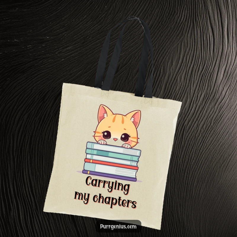 Funny Cat Book Tote Bag: A curious cat peeking from behind oversized books, making it a humorous and practical accessory.