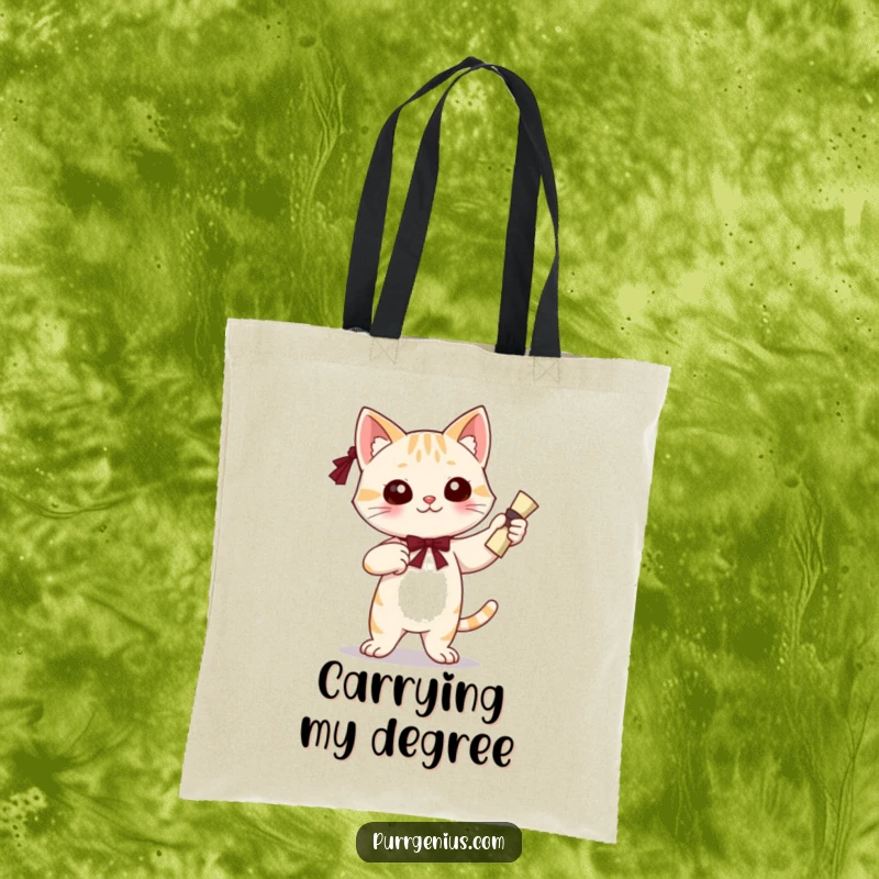 Funny tote bag featuring a confident cat character holding a diploma, perfect for carrying essentials with academic pride.
