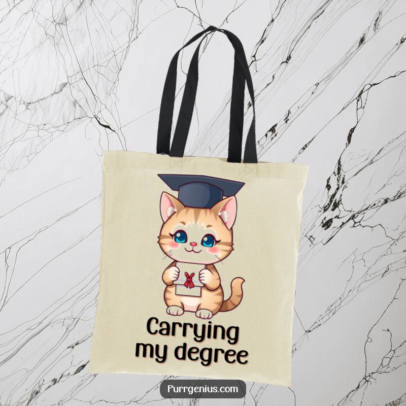 Funny Tote Bag: A smiling cat in a graduation cap holds a diploma, perfect for carrying essentials with academic flair.