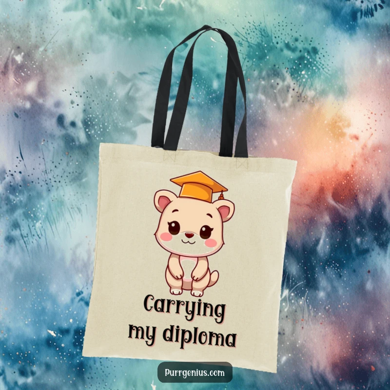 Funny tote bag featuring a cute animal in a graduation cap, perfect for carrying books and representing academic success humorously.