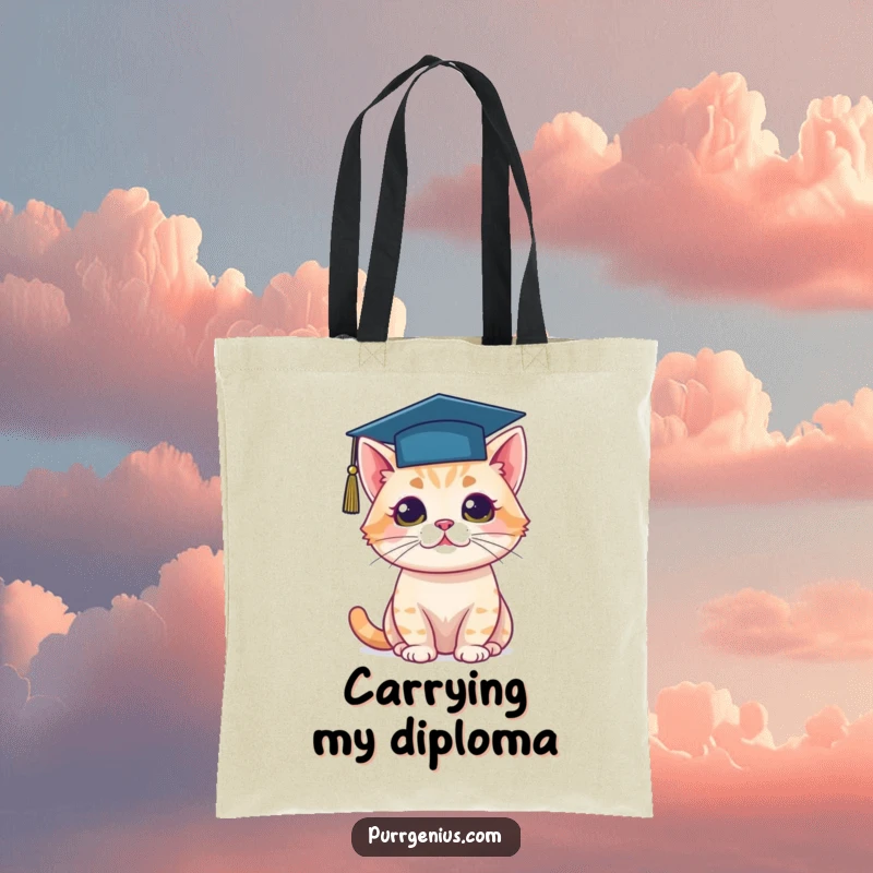 Funny tote bag illustrating a cat wearing a miniature graduation cap, perfect for carrying essentials with academic pride.