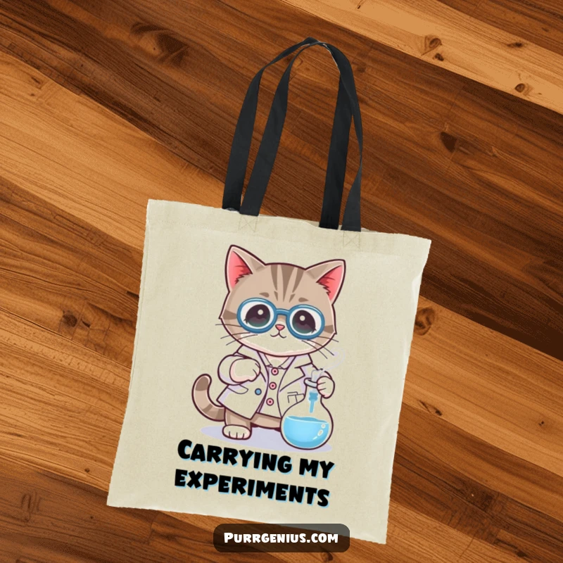Funny tote bag with a cat character in a lab coat, stirring a bubbling beaker, perfect for carrying supplies.