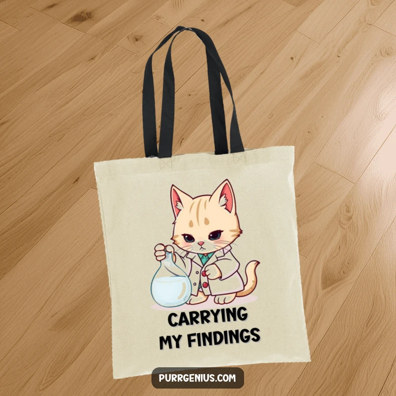 Funny Tote Bag: A cat in a lab coat examines a beaker, perfect for carrying your scientific findings and everyday items.