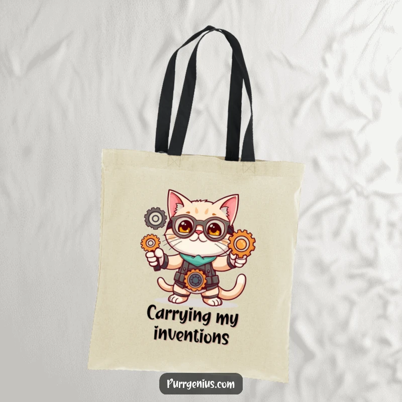 Funny tote bag featuring a cute cat character in an inventor pose with gears, perfect for carrying tools and creative projects.