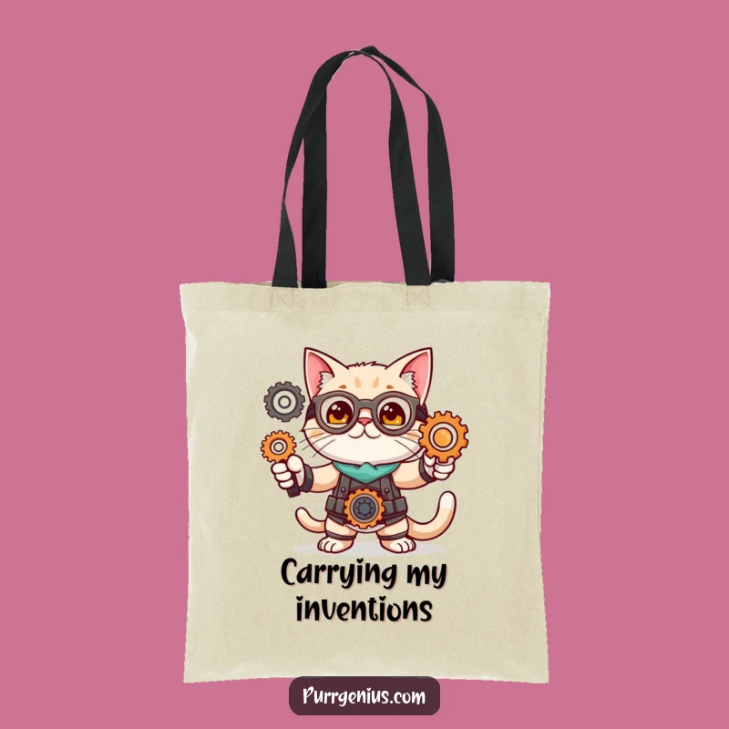 Funny Cat Inventor Tote Bag: Feline Pose Gears Carry-All Gift