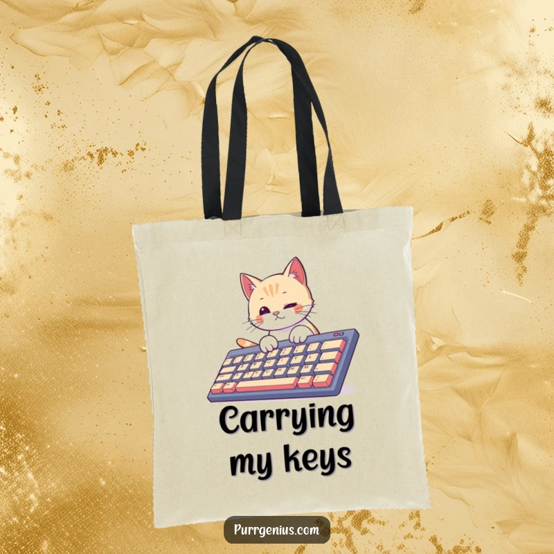 Funny curious cat tapping a gigantic keyboard, carrying essentials in this tote bag. Ideal for techies and cat lovers.