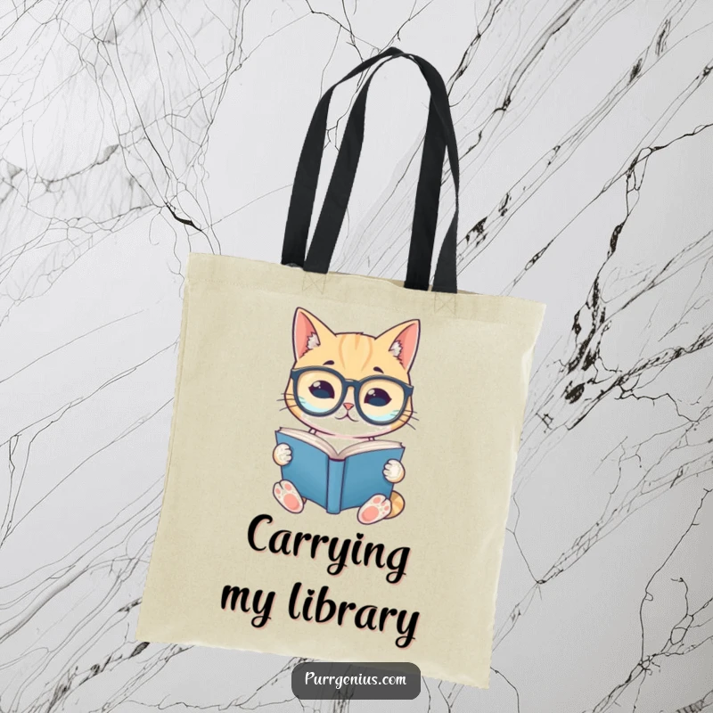 Durable tote bag featuring a funny cat with spectacles reading a book, perfect for carrying books and essentials with literary flair.