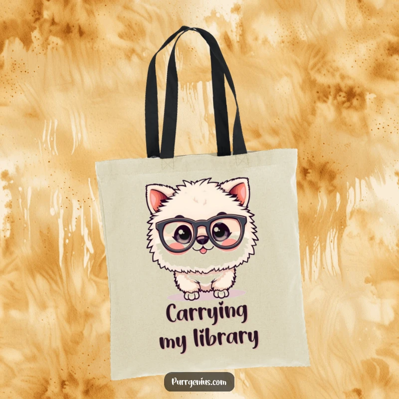 Funny tote bag featuring a fluffy animal with large spectacles, ideal for carrying essentials and showcasing a witty, intelligent persona.