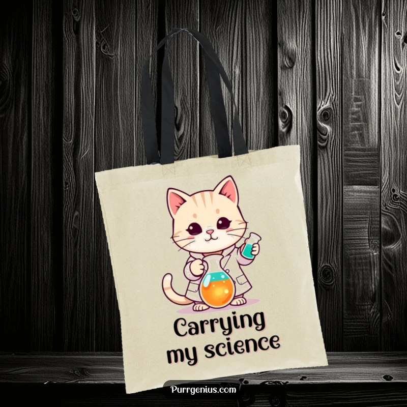 Funny Kawaii cat in a lab coat stirring a colorful beaker, on a tote bag, ideal for carrying supplies humorously.