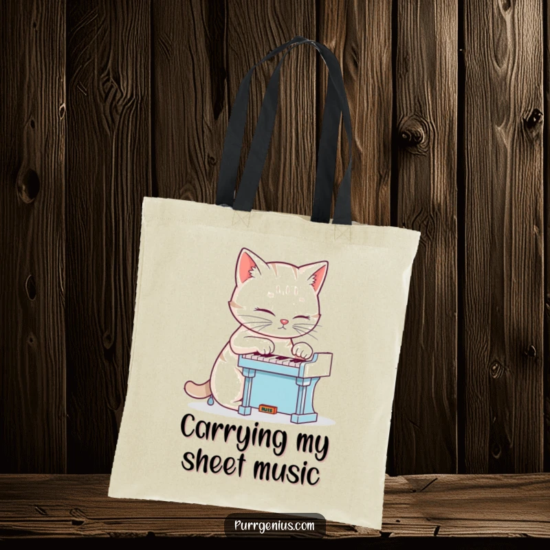 Funny cat diligently playing a small piano, presented on a stylish tote bag, a humorous and practical gift.