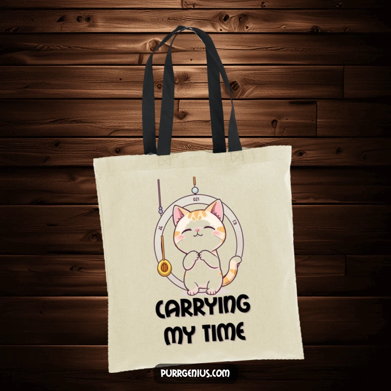 Funny cat batting at a dangling pendulum, representing time. This tote bag is perfect for carrying essentials with humor.