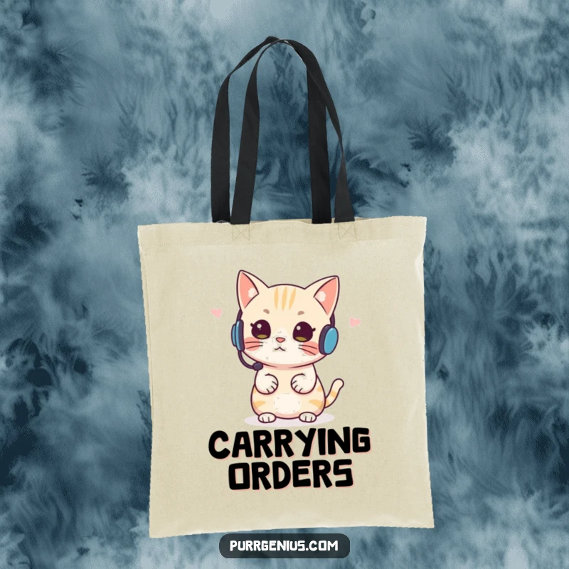 Funny Headset Cat Tote Bag, showing a cat with a headset giving instructions, ideal for organizers and supervisors.