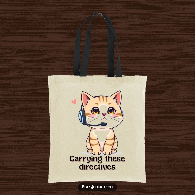 Funny Boss Cat Tote Bag: a cat wearing a headset, giving instructions confidently, perfect for carrying work essentials with authority, a unique funny gift.