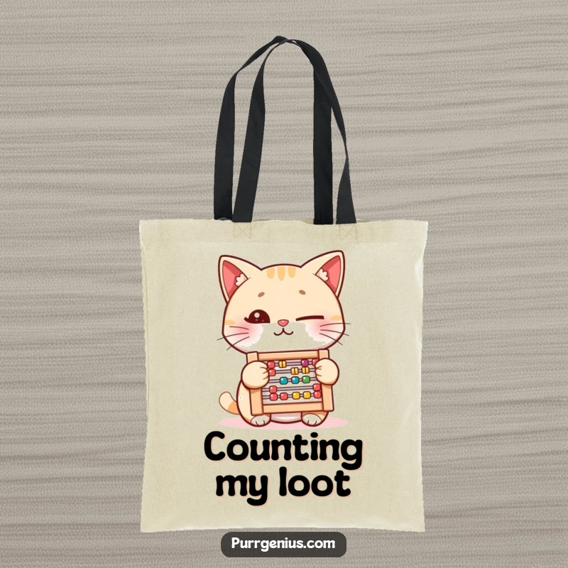 Funny Tote Bag: A winking cat holds a small abacus, symbolizing cleverness and wit, ideal for stylish and practical use.