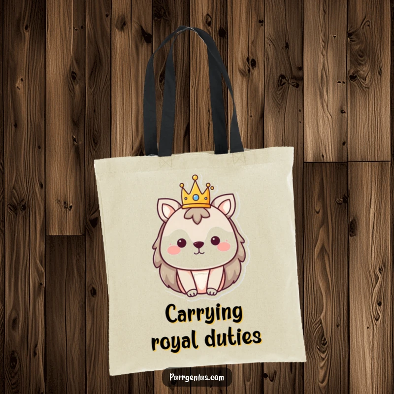 Funny tote bag illustration of an animal wearing a tiny crown, signifying playful leadership.