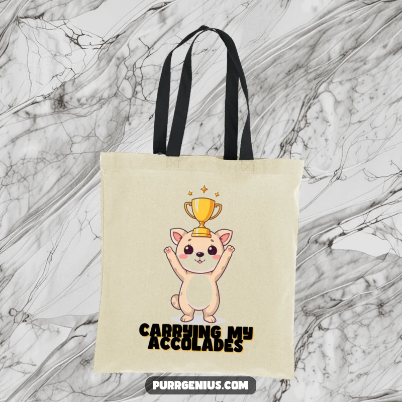 Funny tote bag illustration of a proud animal character holding up a small trophy, symbolizing victory.