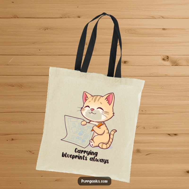 Funny Architect Cat Tote Bag: a pleased cat drawing a detailed blueprint with a tiny pencil, ideal for carrying projects and supplies, a unique funny gift.