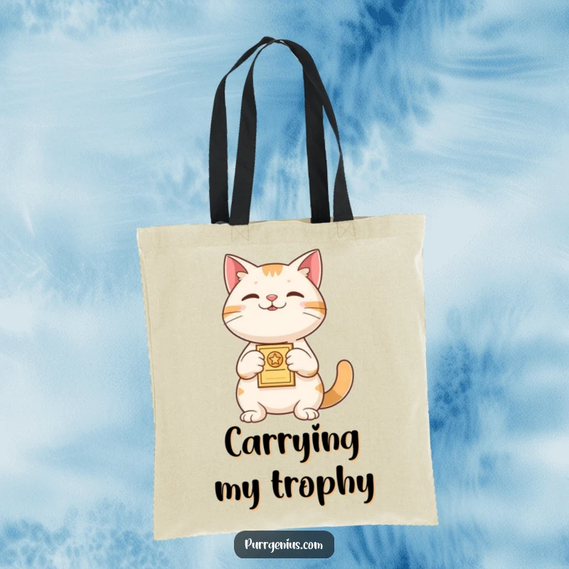 Funny Tote Bag: A proud cat presents a tiny award, symbolizing achievement and success, perfect for carrying your essentials.