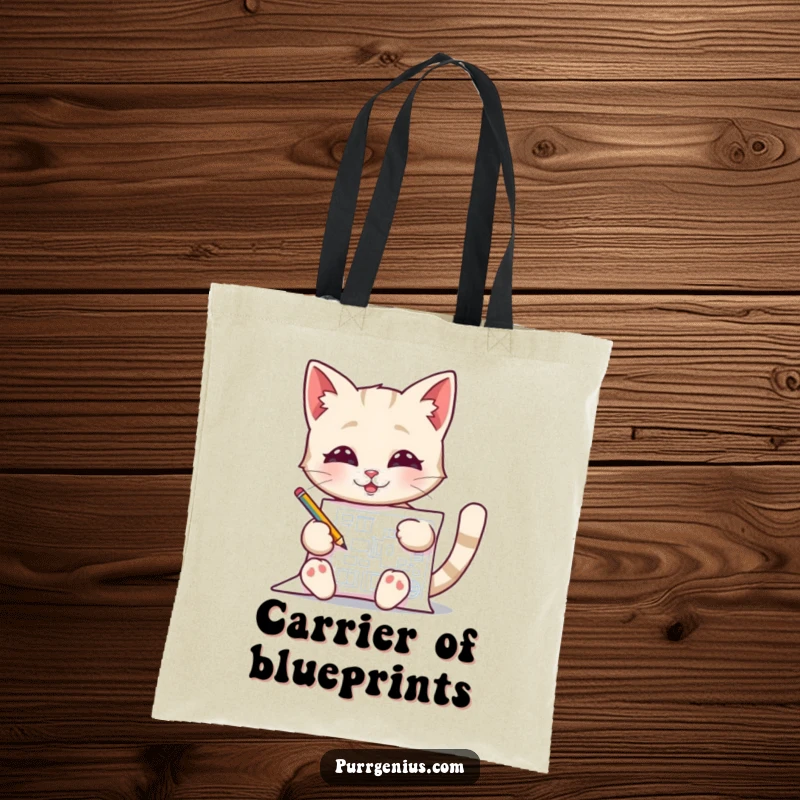 Funny Blueprint Cat Tote Bag, showing a cat pleased while drawing a blueprint, ideal for carrying plans and supplies.