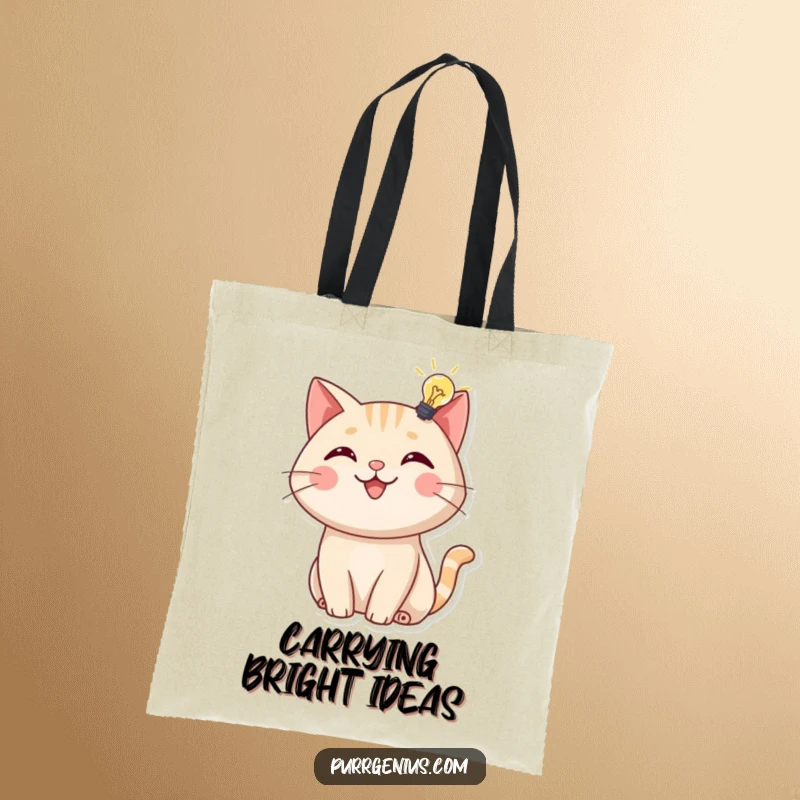 Funny Tote Bag: A cheerful cat with a glowing lightbulb overhead, perfect for carrying your ideas and essentials with humor.