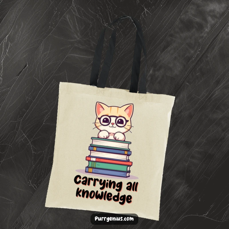 Funny tote bag showcasing a cute cat balancing a large pile of science books, capturing the struggle and humor of knowledge acquisition.