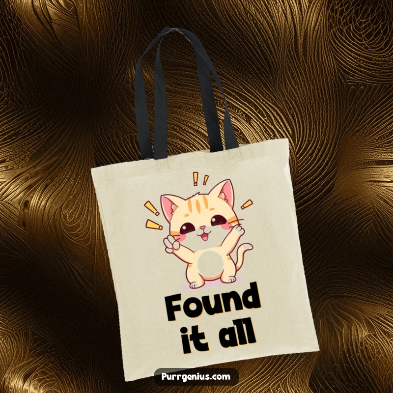 Funny tote bag displaying a cute cat in an 'aha!' pose, excitedly realizing something brilliant, great for carrying study materials.