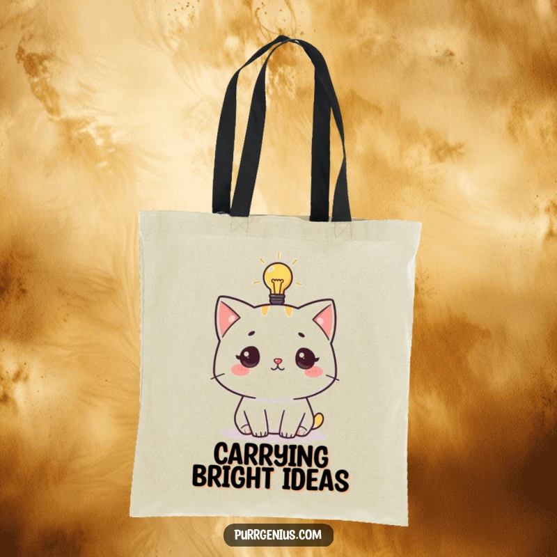 Funny tote bag with a cute cat character having a lightbulb moment, symbolizing creativity and problem-solving.