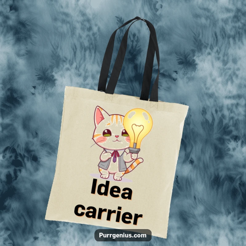 Funny Cat Lightbulb Tote Bag: Scholarly cat presenting a giant, glowing lightbulb, ideal for carrying ideas and essentials.