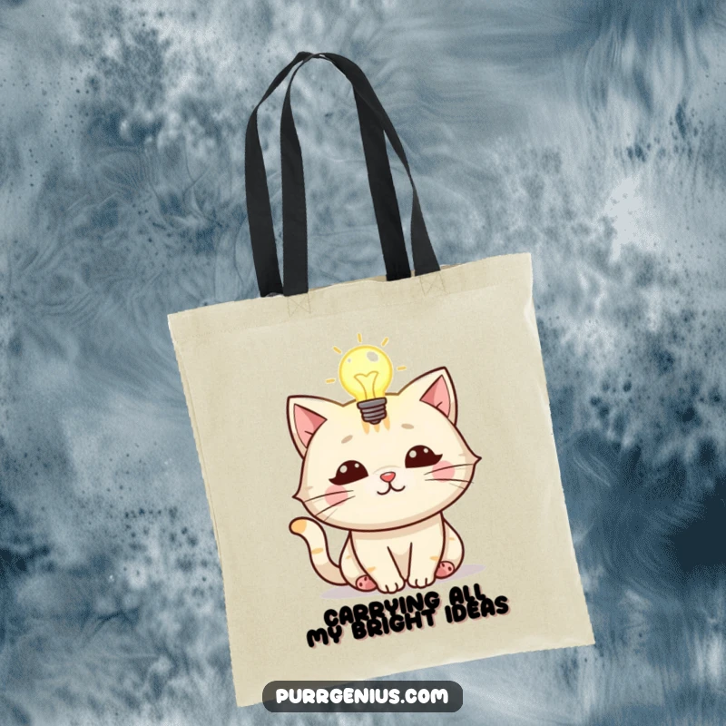 Funny tote bag featuring a cat with a glowing lightbulb above its head, representing brilliant ideas and creativity.