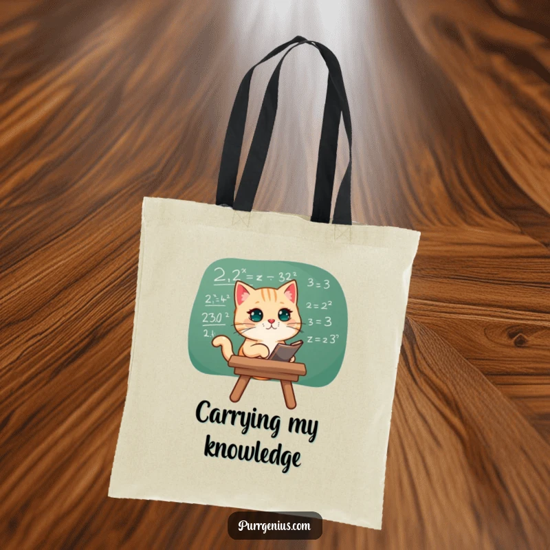 Funny tote bag illustrating a cat studying a complex chalkboard equation, perfect for carrying essentials with intellect.